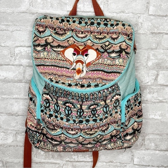 SACKROOTS backpack, adorable boho elephant,aqua blue & pink,embroidered ☮️ sign - Picture 1 of 7